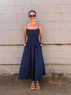 Style State Cotton shirred bodice V waist midi dress