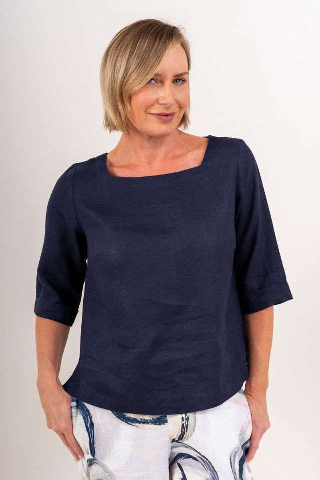 SEE SAW Linen Elbow Sleeve Square Neck Top