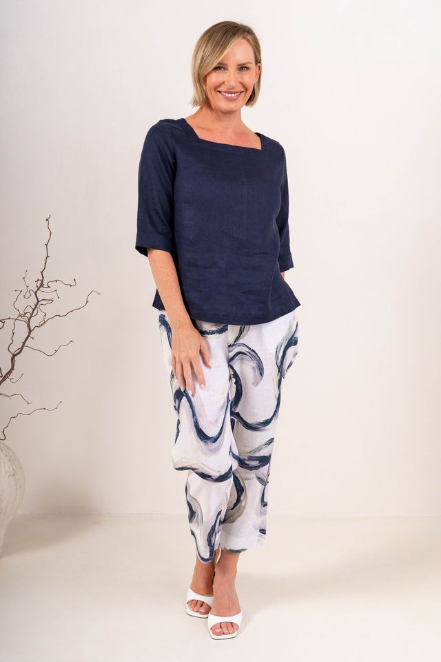SEE SAW Linen Elbow Sleeve Square Neck Top