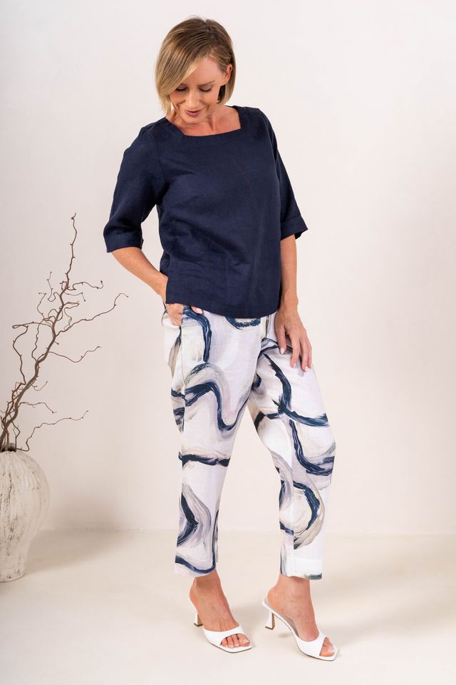 SEE SAW Linen Elbow Sleeve Square Neck Top