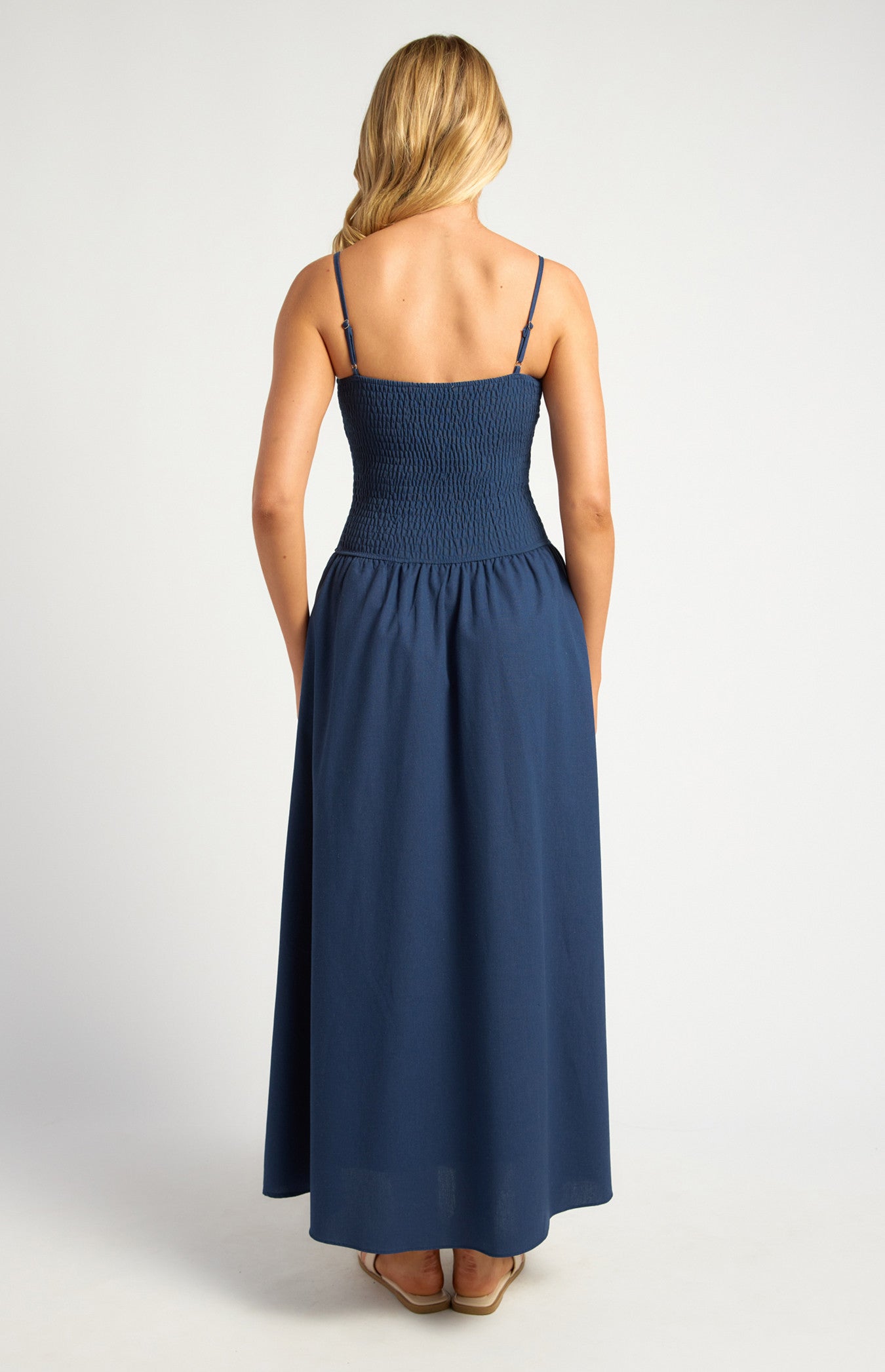 Style State Cotton shirred bodice V waist midi dress